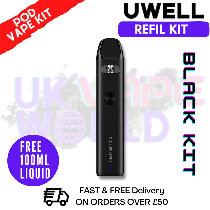 Black Uwell Caliburn A2 Pod Kit + Free 100ML E Liquid