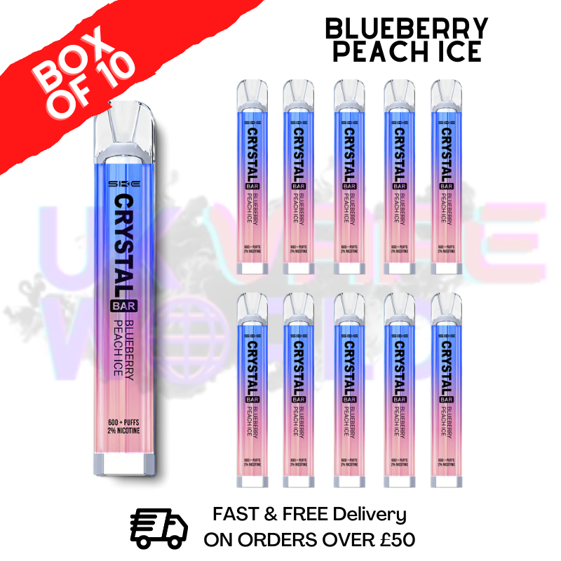 Blueberry Peach ICE - Crystal Bar Puffs 600 SKE Box Of 10 Blueberry Peach ICE - Crystal Bar Puffs 600 SKE Box Of 10