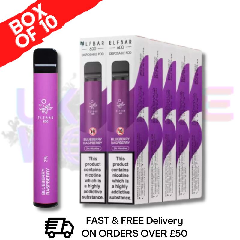 Elf Bar 600puff Blueberry Raspberry Box of 10 Bulk Cheap Dispoable