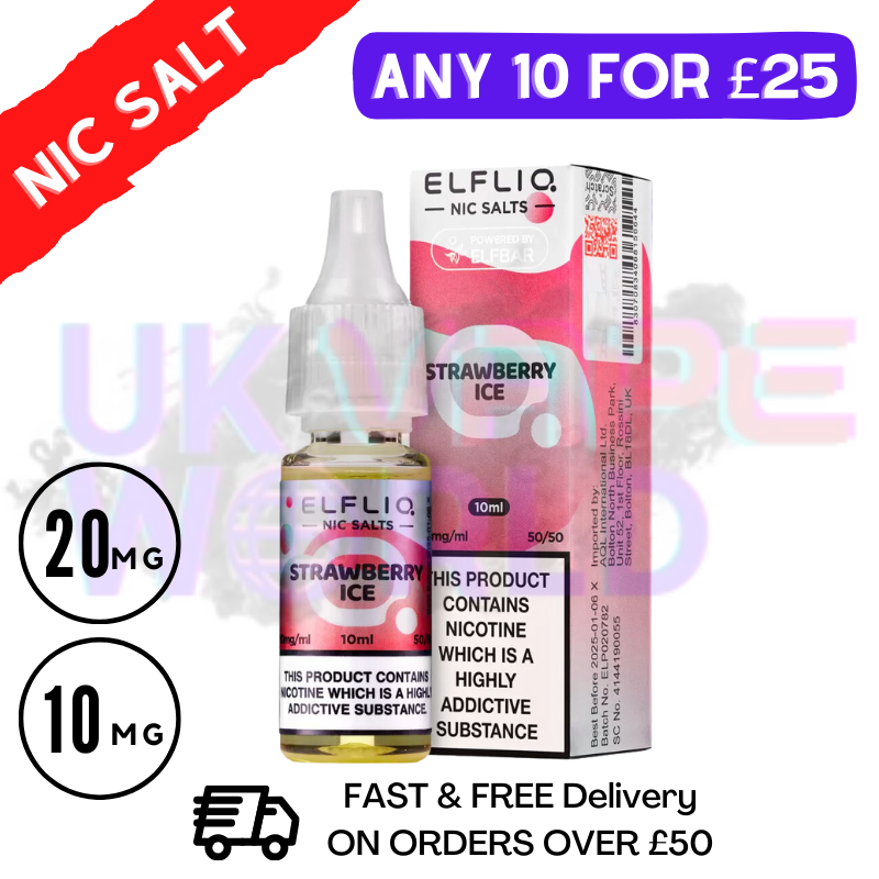 ElfLiq 'Strawberry ICE' Nic Salt 10ML eLiquid - 10 For 25 ElfLiq 'Strawberry ICE' Nic Salt 10ML eLiquid - 10 For 25