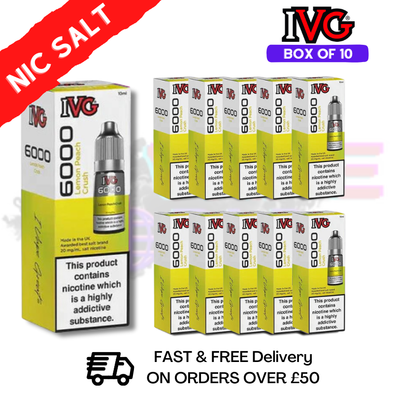 Shop Lemon Peach Crush IVG 6000 Box Of 10 Nic Salt - UK Vape World