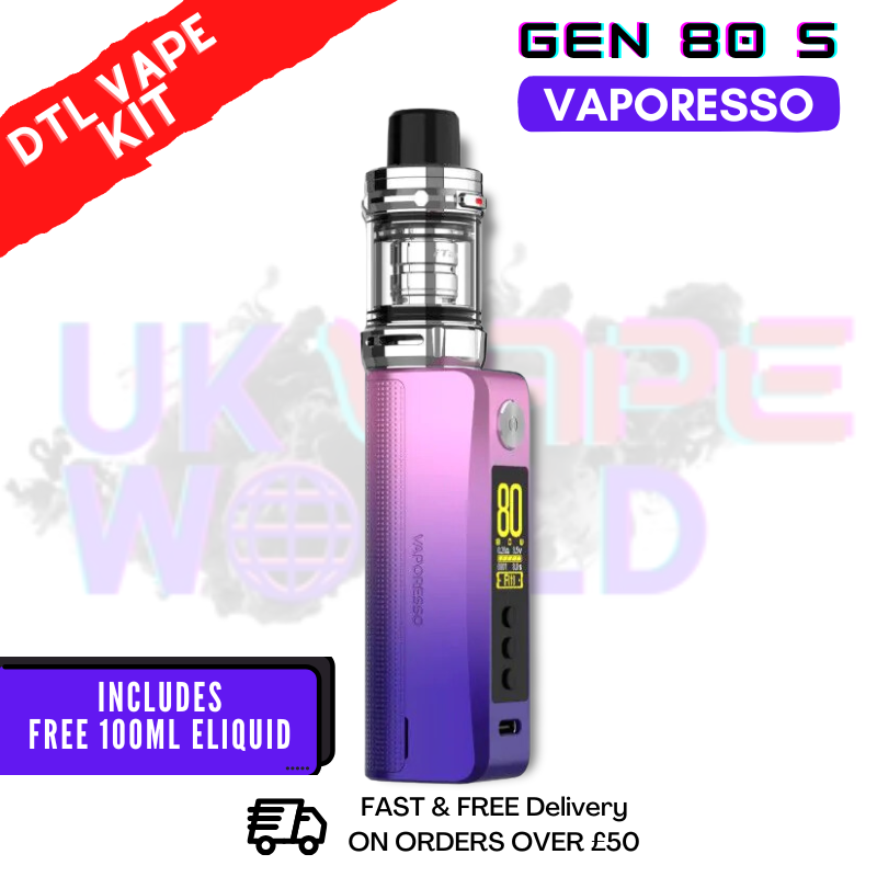 Neon Purple Vaporesso GEN 80 S Vape Kit + Free 100ml - 27.99 Neon Purple Vaporesso GEN 80 S Vape Kit + Free 100ml - 27.99
