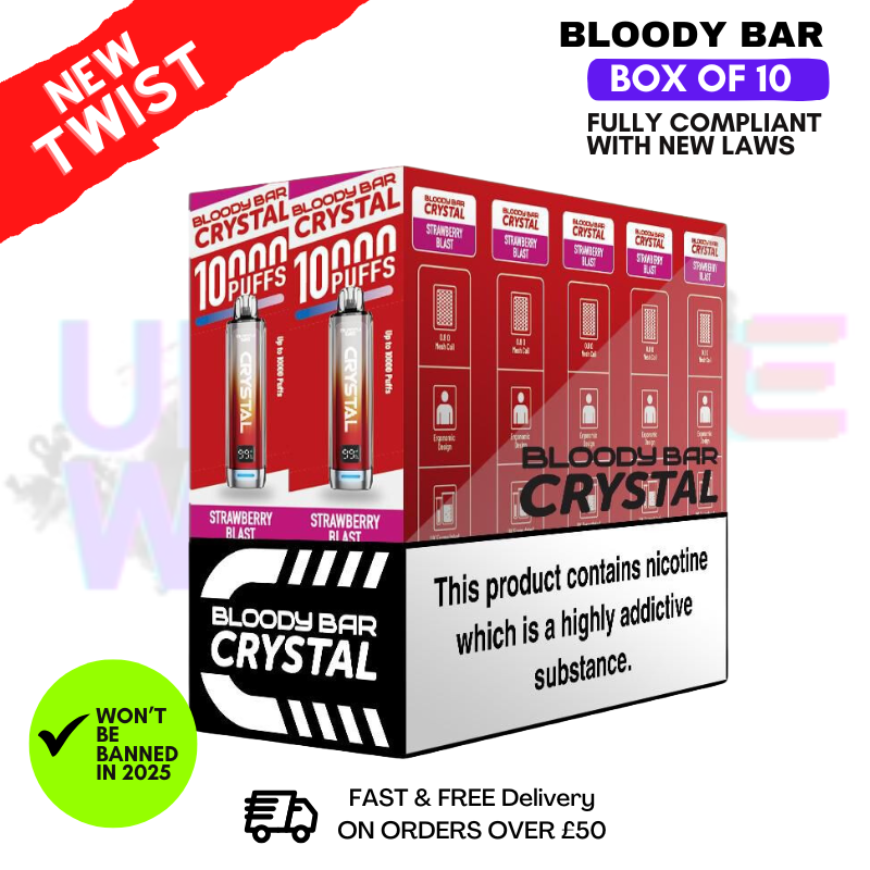 Strawberry Blast Bloody Bar Crystal 10K Puff Box Of 10 Strawberry Blast Bloody Bar Crystal 10K Puff Box Of 10
