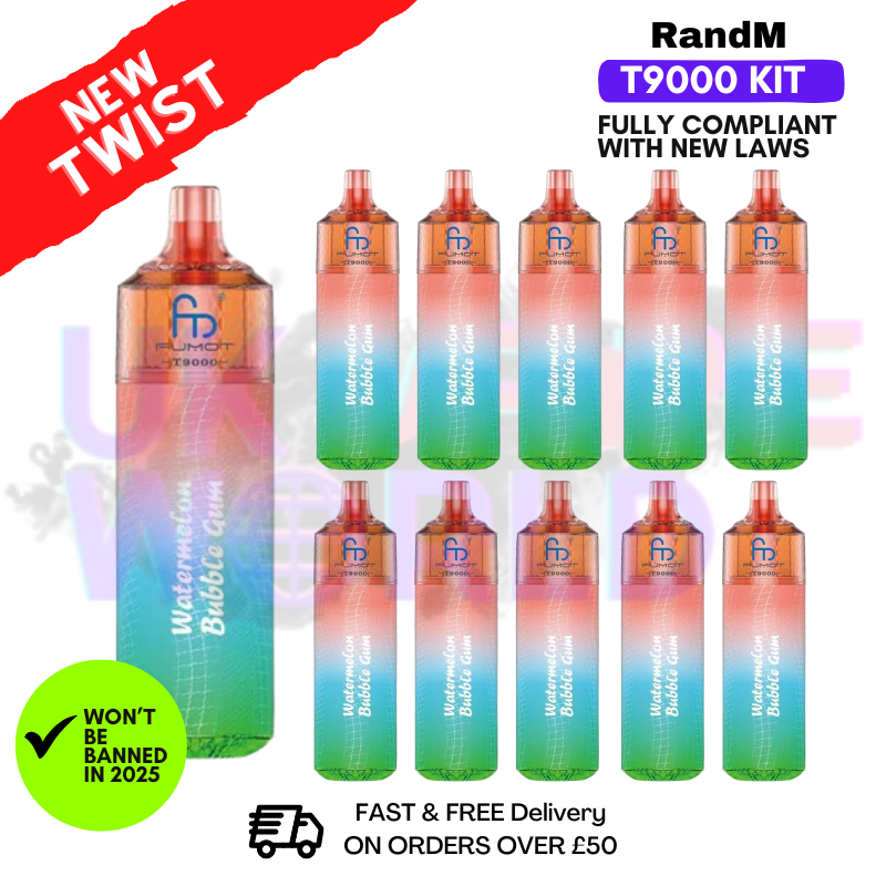 Watermelon BubbleGum Randm T9000 Puffs Box Of 10 Watermelon BubbleGum Randm T9000 Puffs Box Of 10