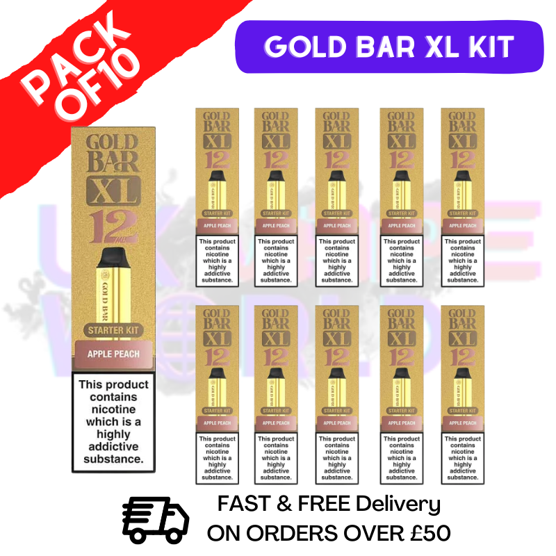 Shop Apple Peach Gold Bar XL Prefilled KITS Box of 10 - UK Vape World
