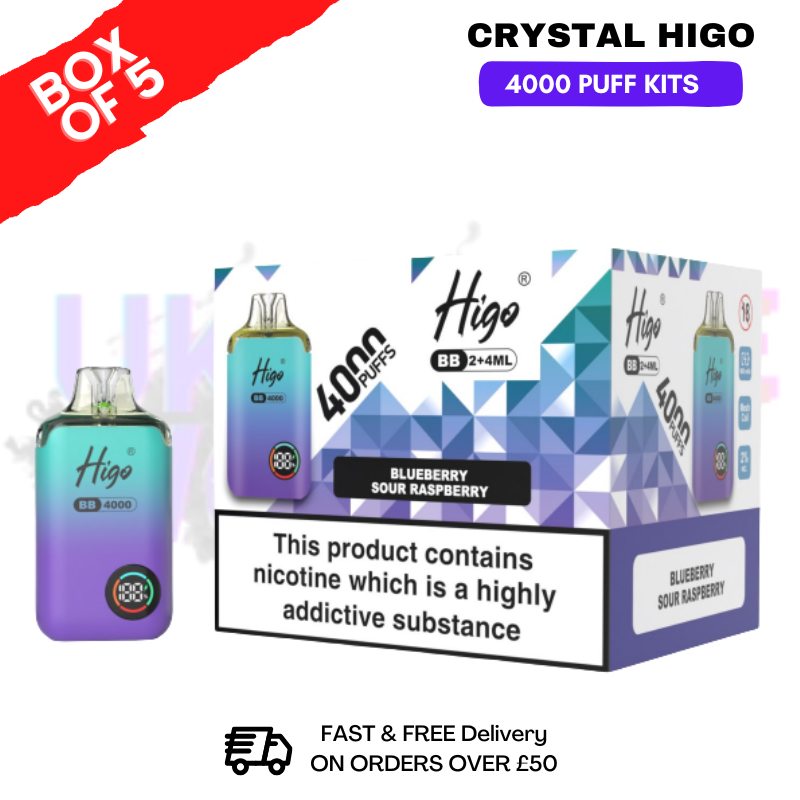 Blue Sour Raspberry Crystal Higo 4000 Pod Kits Box Of 5