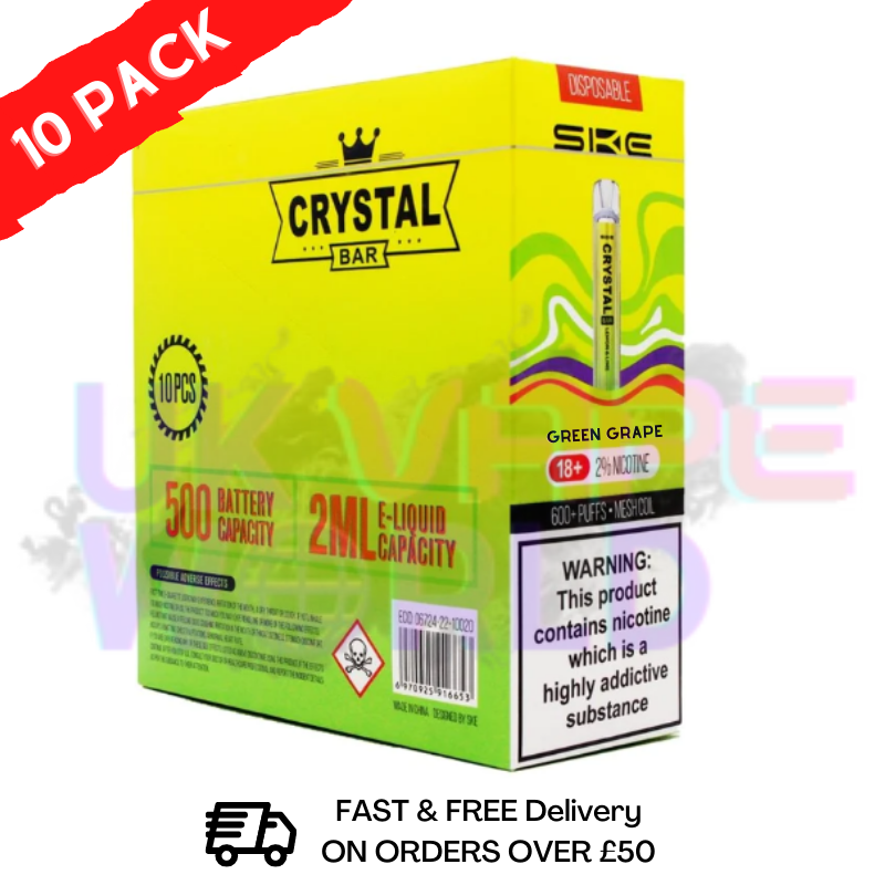 Green grape Crystal 600 Puff Bar Pack Of 10 Disposable Bars Box Vapes