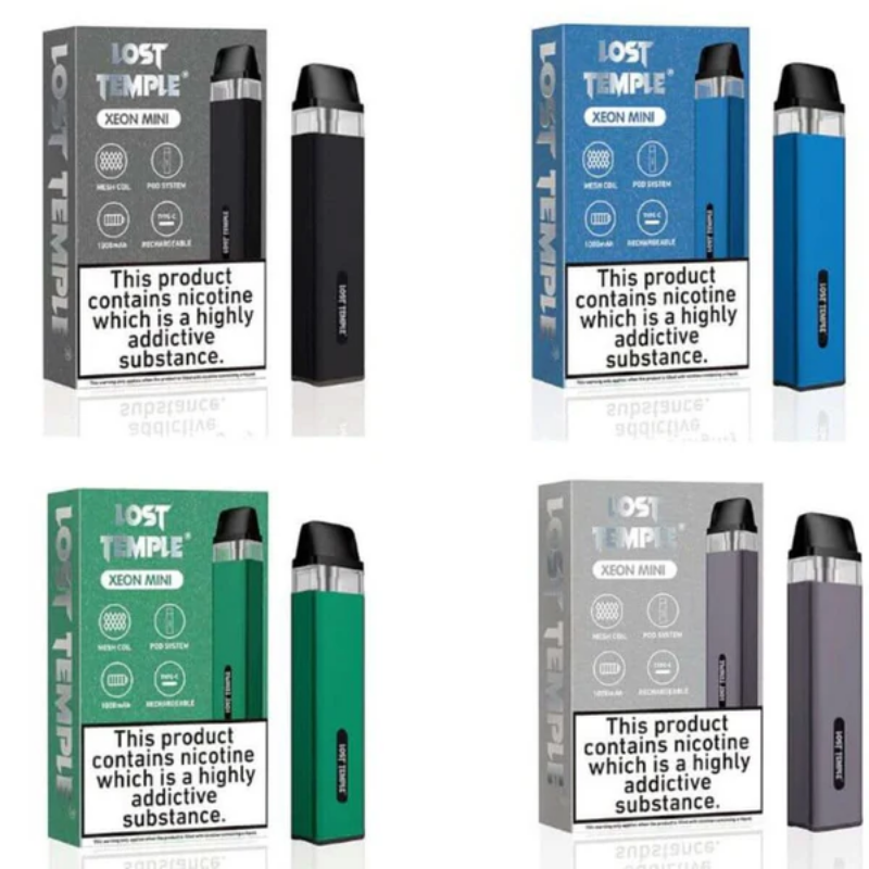 Lost Temple Xeon Mini vaping device and packaging in various colors on a white background.