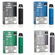 Lost Temple Xeon Mini vaping device and packaging in various colors on a white background.
