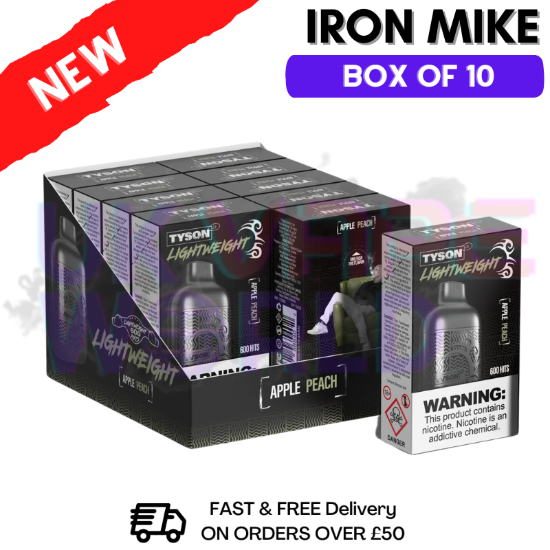 Apple Peach Tyson 2.0 600puff Vape Kit Pack / Box Of 10 Disposable