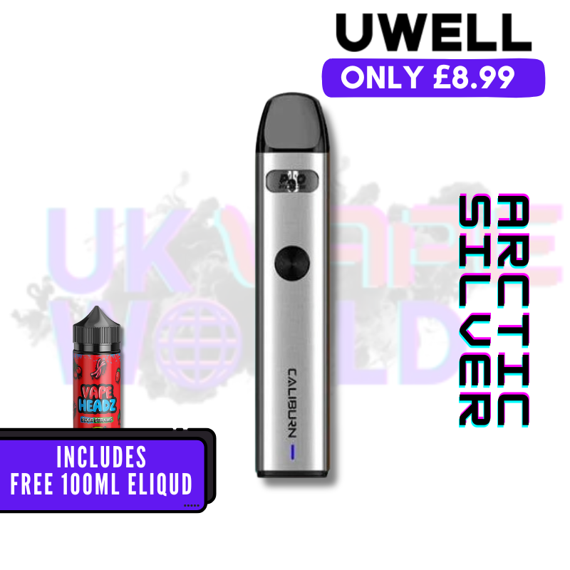 Shop Arctic Silver Uwell Caliburn A2 Pod Vape Kit + Free 100ML Eliquid