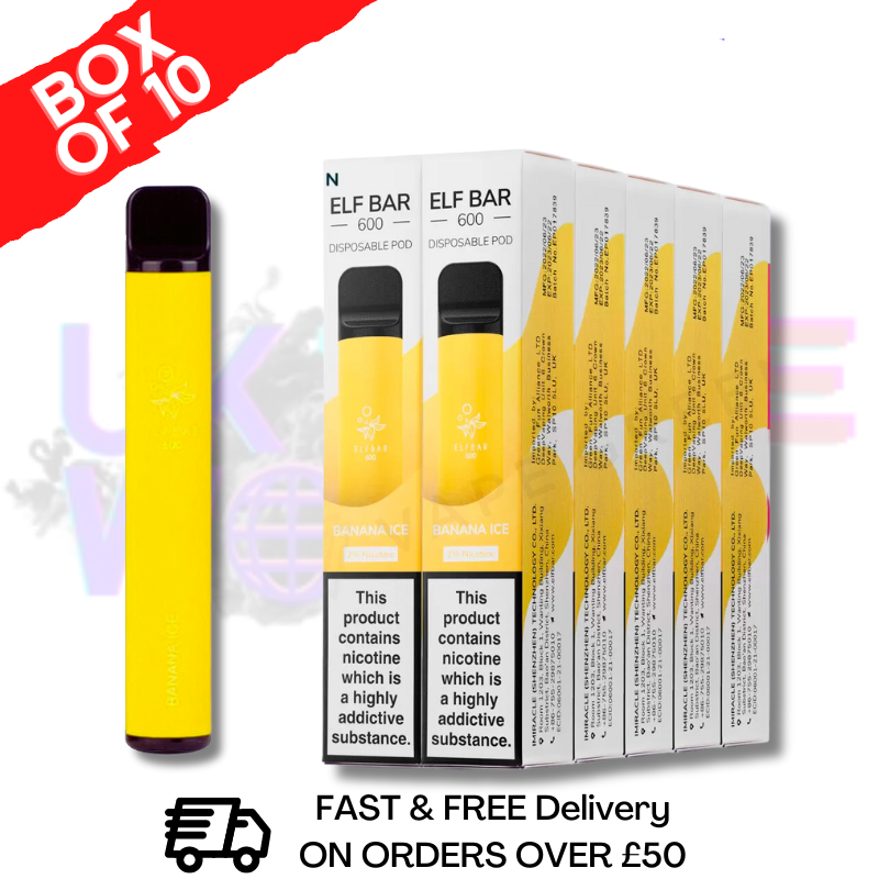 Elf Bar 600puff Banana Ice Flavour Box of 10 Disposable Vapes UK - UK Vape World