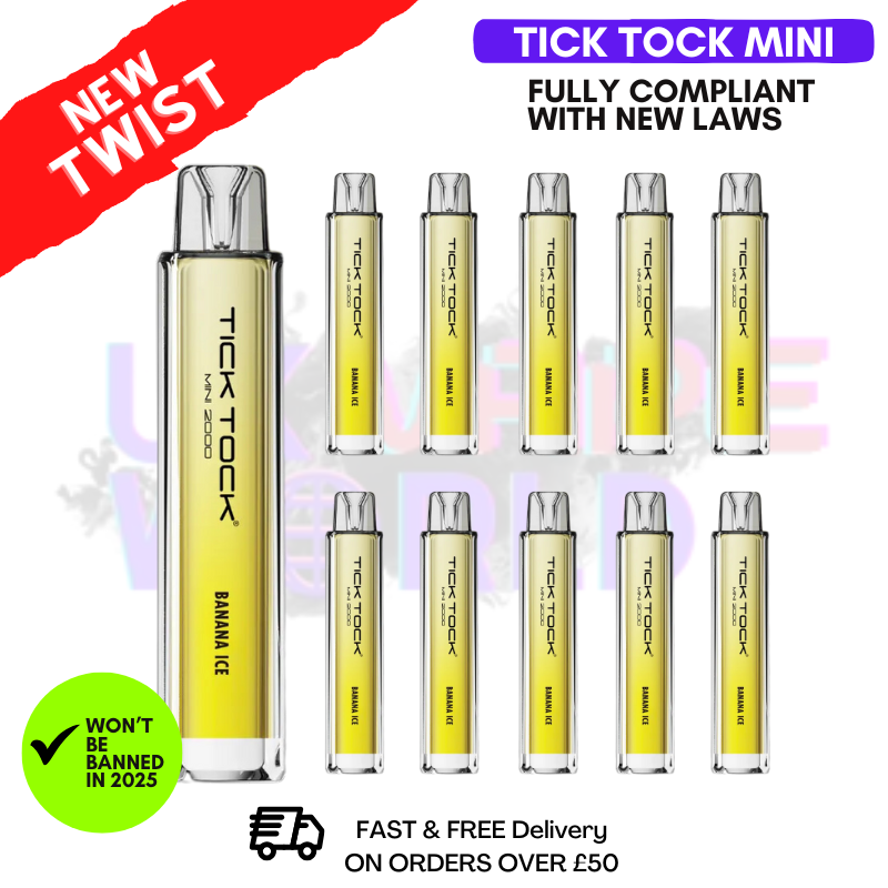 Shop Banana Ice Tick Tock Mini 2000 Box Of 10 - UK Vape World