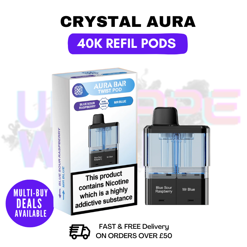 Blue Sour Raspberry - Mr blue - Crystal AURA 40K Replacement Pods Refils - £6.79