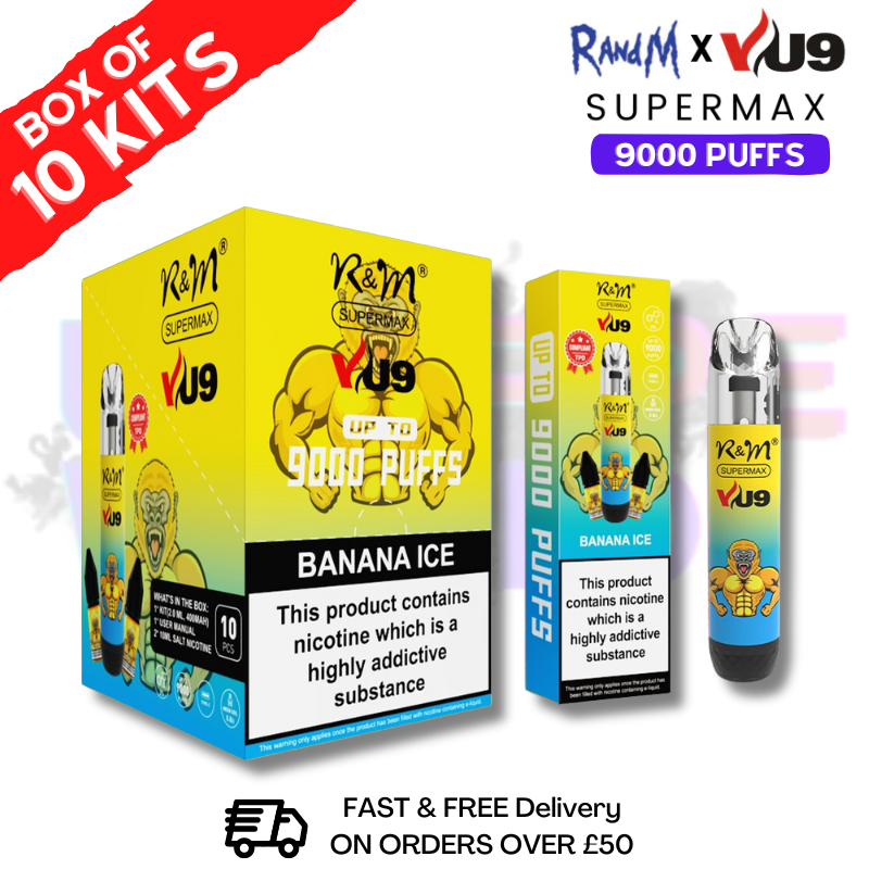 Shop Banana Ice RandM 9K SuperMAX 9000 Puff Bar R and M Pack Of 10 - UK Vape World
