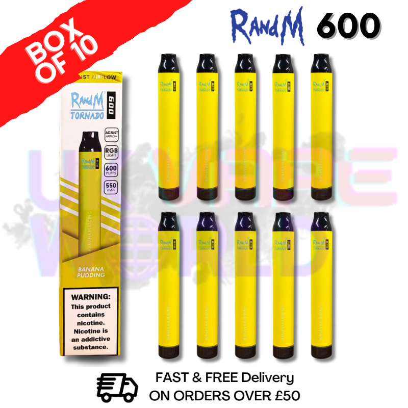 Shop Banana Pudding RandM Tornado 600 Puff Bar R and M Box / Pack Of 10 - UK Vape World