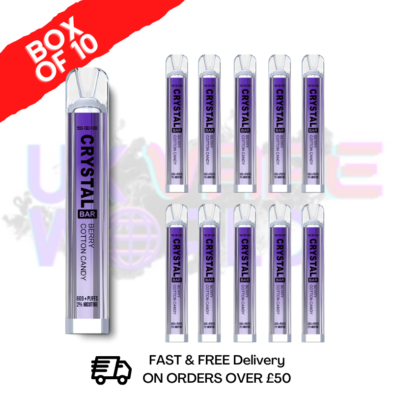 Shop Berry Cotton Candy- Crystal Bar Puffs 600 SKE Box Of 10 Disposable Bars - UK Vape World