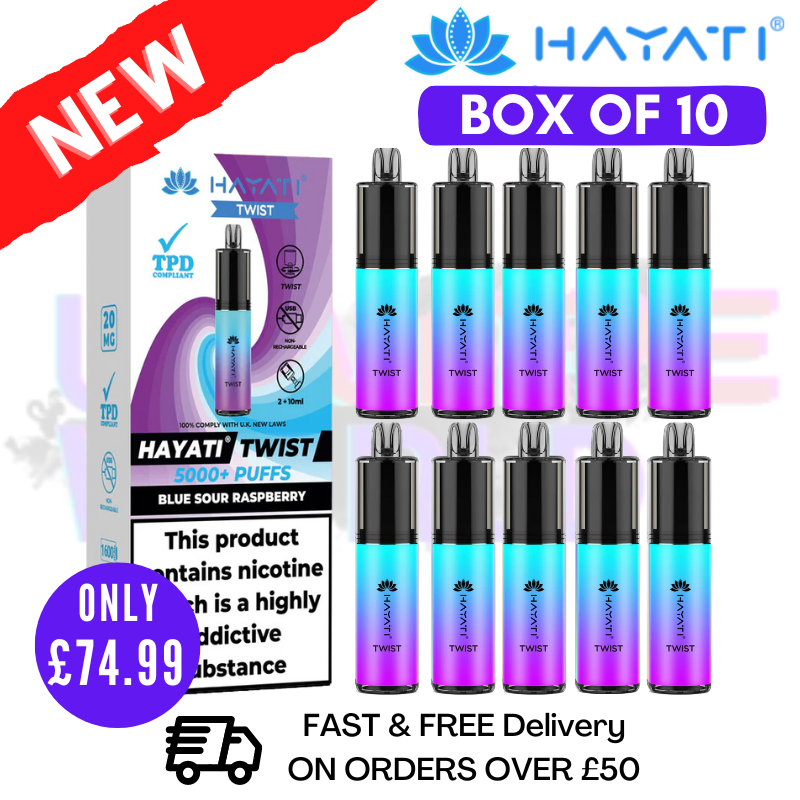 Shop Blue Sour Raspberry Hayati Twist 5000 Puff 5K Box Of 10 - UK Vape World