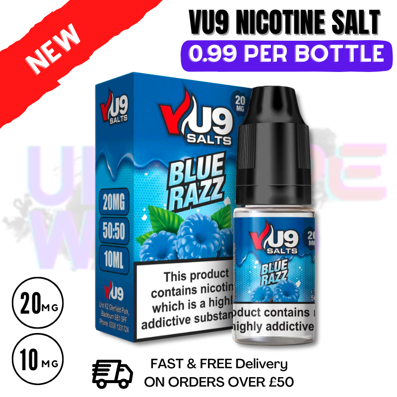 Shop Blue Razz Pod Nic Salt 10ml Nicotine E Juice by VU9 - UK Vape World