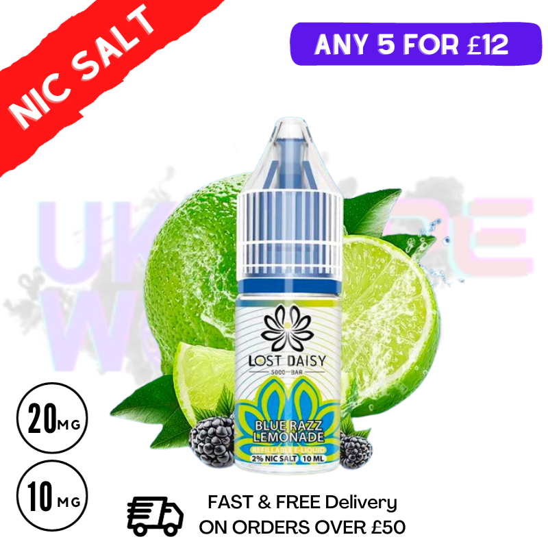 Blue Razz Lemonade LOST Daisy Nic Salt 10ML eLiquid freshly picked forrest berries, blueberries infused with ravishing raspberries ending on a citric twist! A perfect addition to the our Nicotine Salt Range - UK Vape World