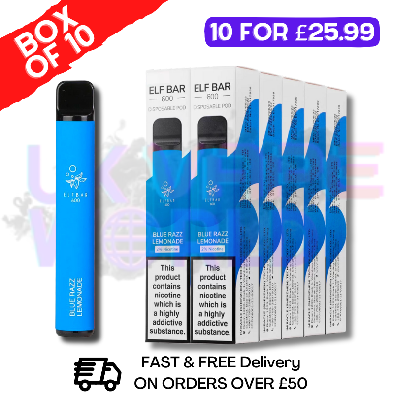 Elf Bar 600puff Blue Razz Lemonade Flavour Box of 10 Disposable Vapes UK - Bulk Order - UK Vape World