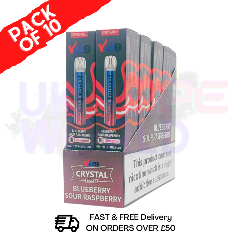 Blue Sour Raspberry - Crystal Bar Puffs 600 VU9 Box Of 10 - UK Vape World