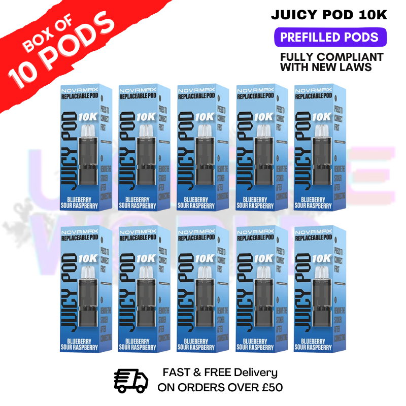 Blue Sour Raspberry Juicy Pod 10K Prefilled Pods Box Of 10