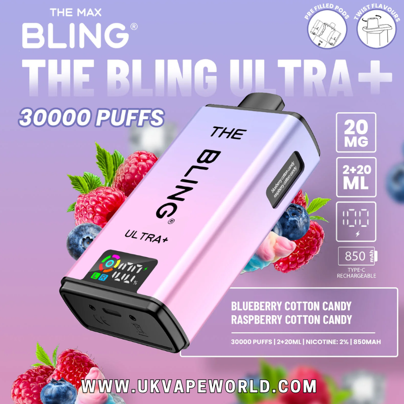 shop Blueberry Cotton Candy/Raspberry Cotton Candy Bling 30k Ultra Plus Prefilled Pod Kit - ukvapeworld