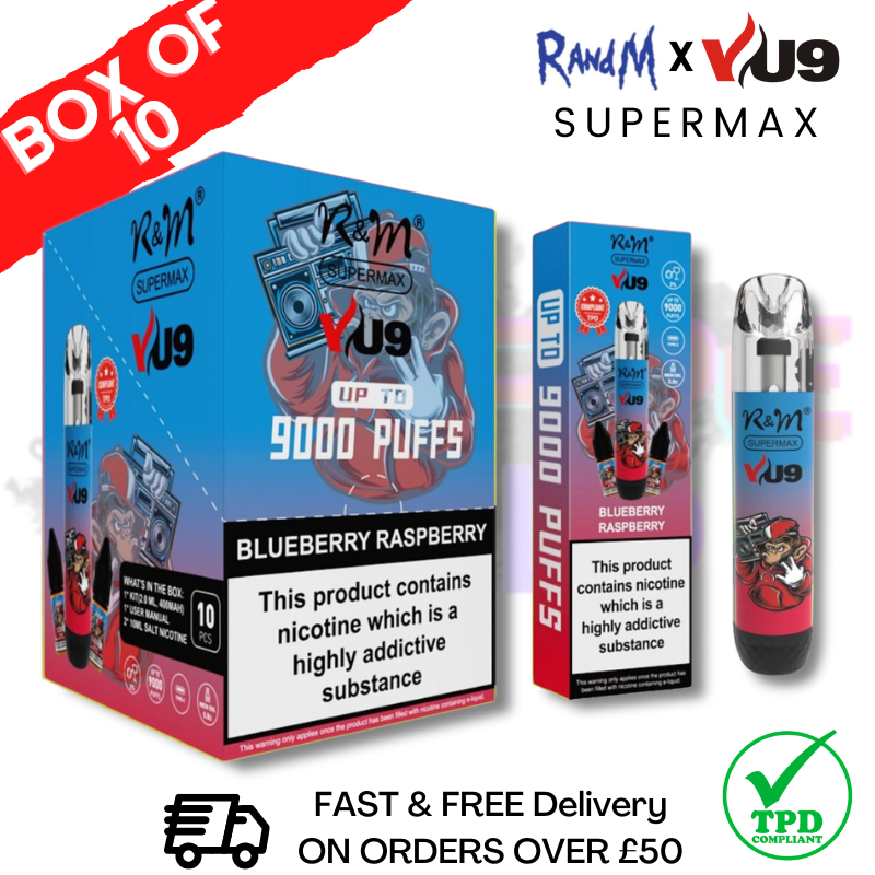 Shop Blueberry Raspberry RandM 9K SuperMAX 9000 Puff Bar R and M Pack Of 10 - UK Vape World