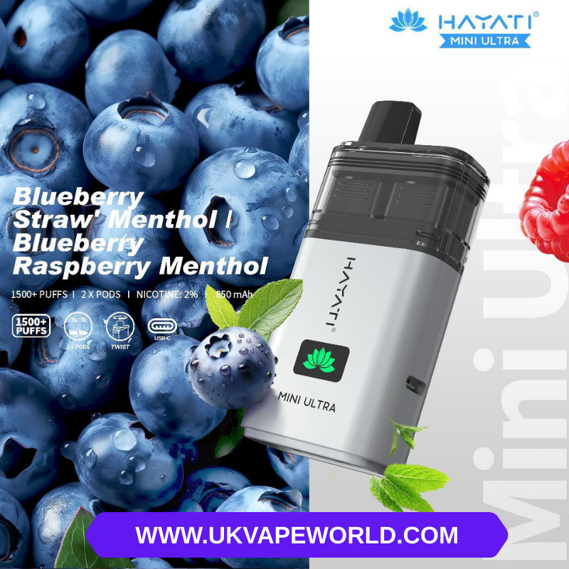 Buy Online Blueberry Straw Menthol - Blueberry Raspberry Menthol Hayati Mini Ultra 1200 Puff Twist Bar Prefilled Disposable Kit - UK Vape World