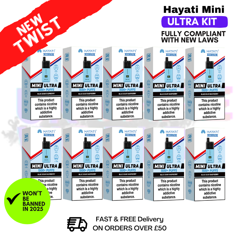Shop Blue Sour Raspberry Hayati Mini Ultra 1500 Box Of 10 - UK Vape World