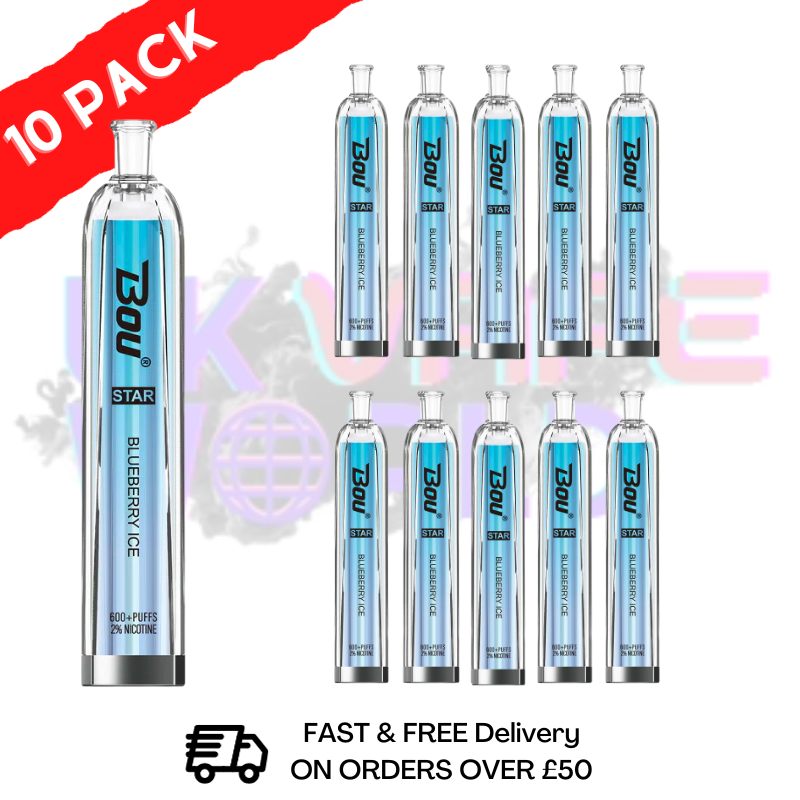 Blueberry ICE - BOU STAR BAR 600Puff Disposable Pod Kit delivers a sweet and fruity blueberry flavor with a cooling menthol. - UK Vape World 