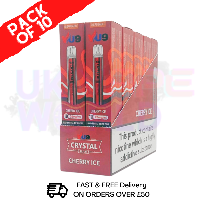 Cherry ICE Crystal Bar Puffs 600 VU9 Box Of 10 - UK Vape World