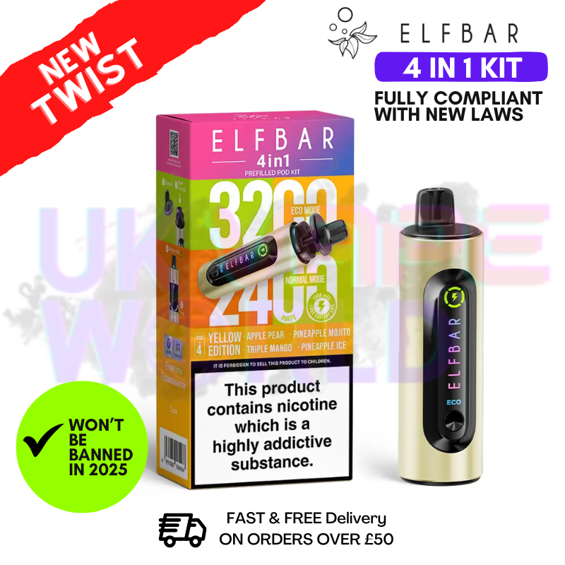 Shop Yellow Edition Elf Bar 3200 & 2400 Puff (4 in 1) Prefilled Pod Kit - UK Vape World
