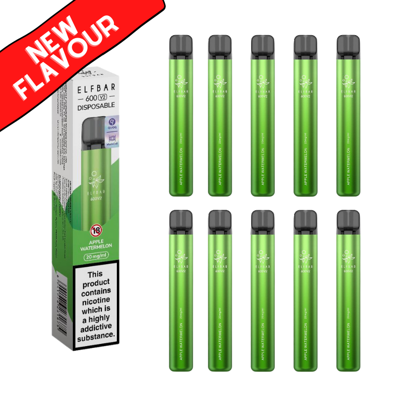 Elf Bar NEW V2 600puff - APPLE WATERMELON Flavour Box of 10- UK Vape World