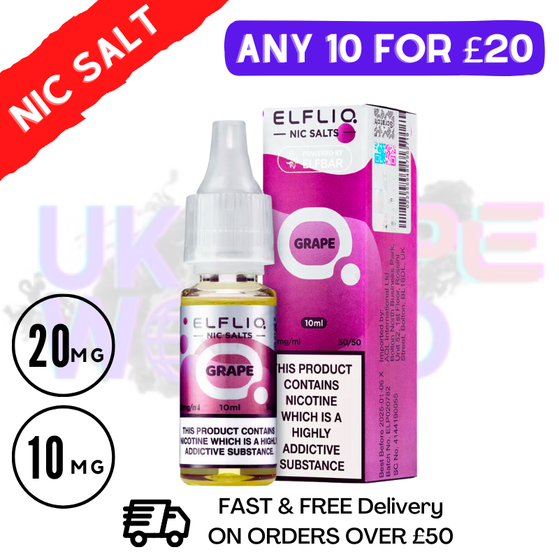 Buy Grape elfliq Elf Bar Eliquid Nic Salt 10ML eLiquid Delightfully sweet - UK Vape World