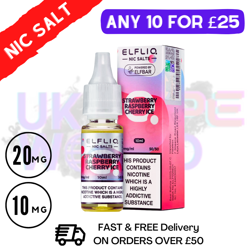 ElfLiq 'Strawberry Raspberry Cherry ICE' Nic Salt 10ML eLiquid - UK Vape World