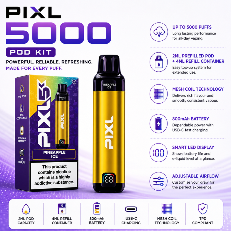 Features Of Pixl 5000 Puff Pod Kit
