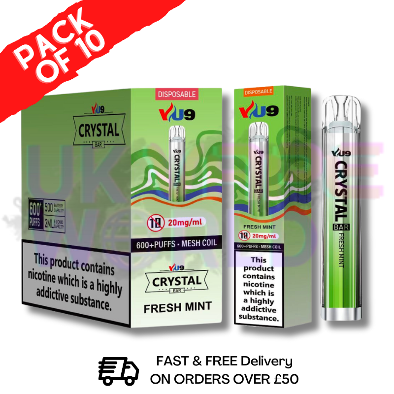 Fresh Mint Crystal Bar Puffs 600 VU9 Box Of 10 - UK Vape World