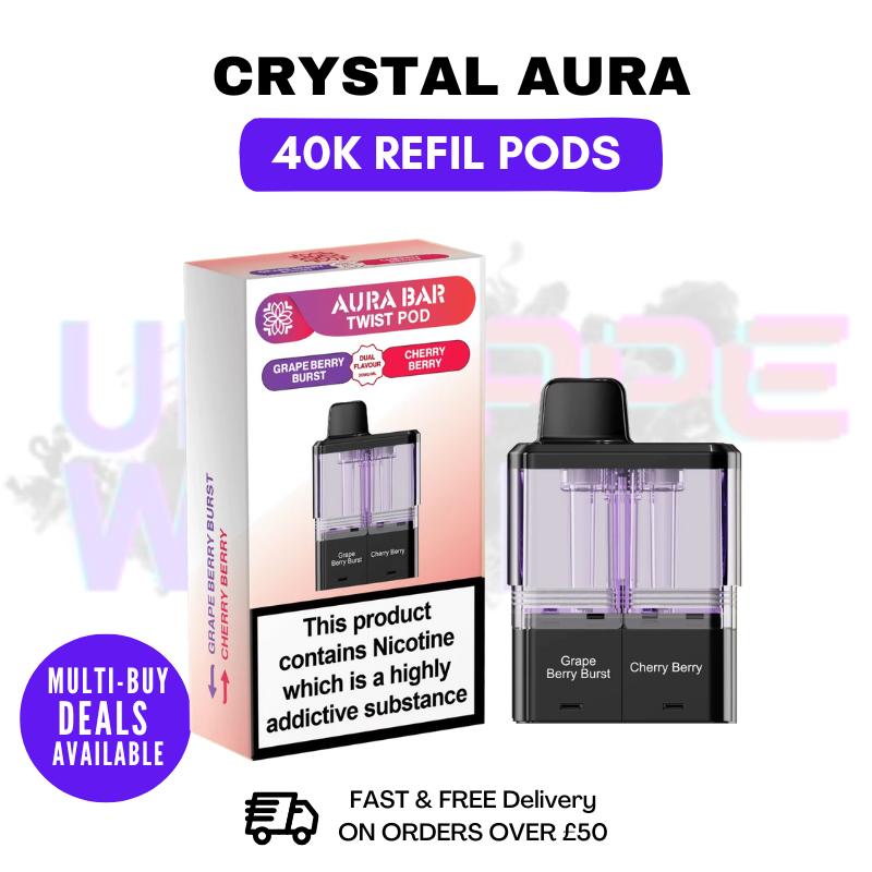 Grape Berry Burst & Cherry Berry - Crystal AURA 40K Replacement Pods Refils - UK Vape World