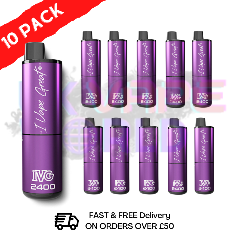 Box Of 10 - GRAPE ICE IVG 2400 Disposable Vape Pen Kit - UK Vape World