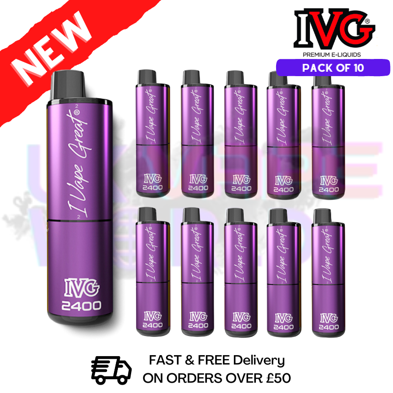 Box Of 10 - Grape ICE IVG 2400 Disposable Vape Pen Kit comes pre-loaded with an IVG flavor-packed nicotine salt e-liquid - UK Vape World