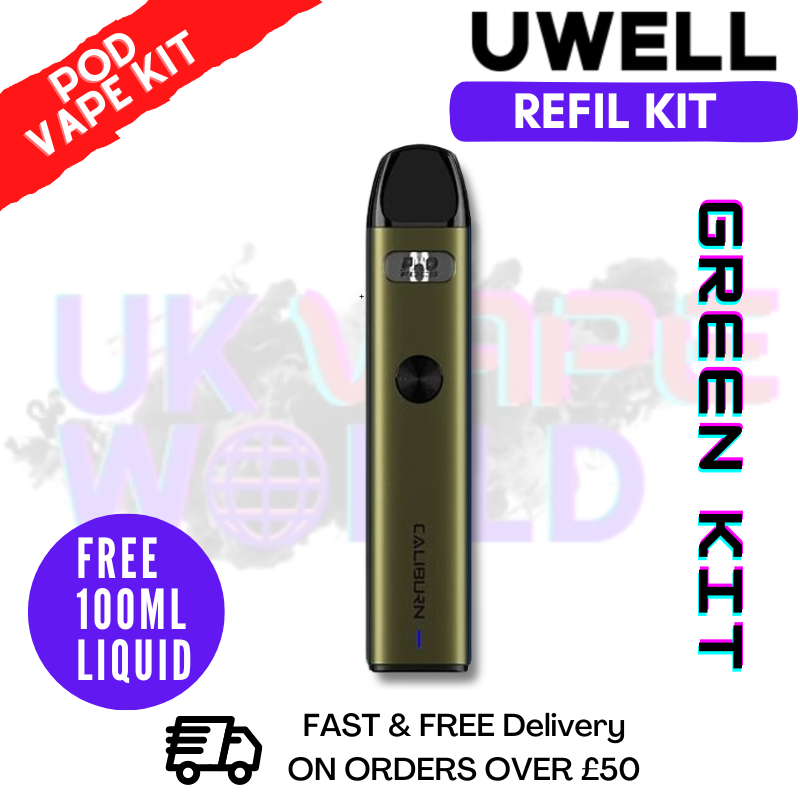 Shop Green Kit Uwell Caliburn A2 Pod Kit + Free 100ML E Liquid - UK Vape World
