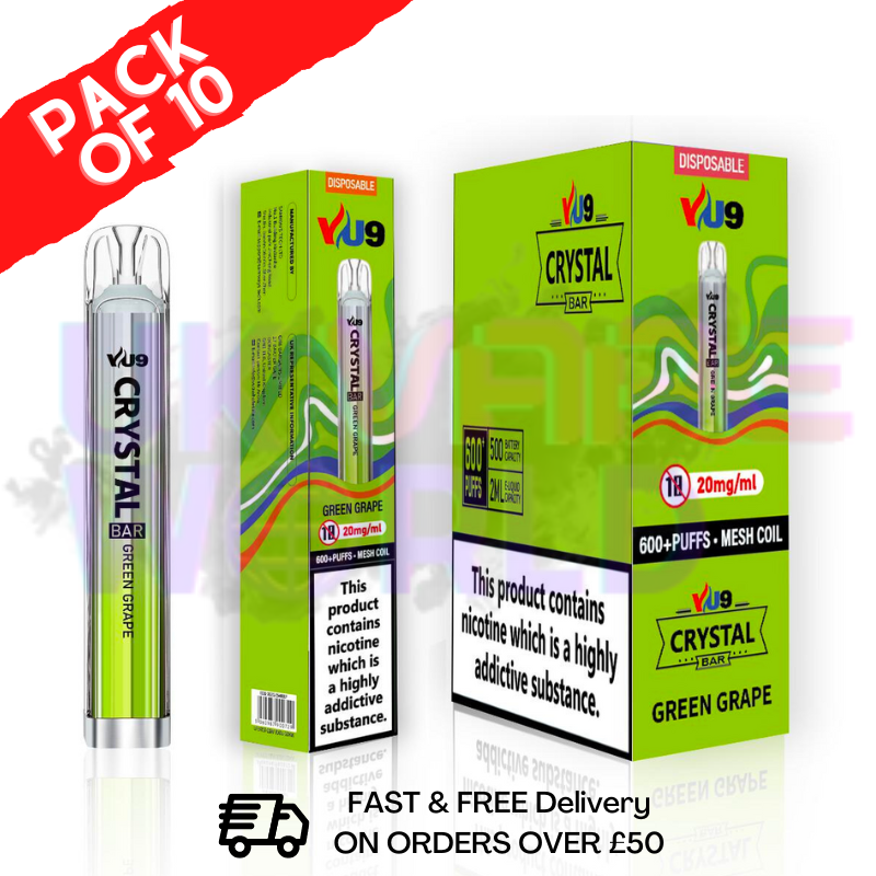 Shop Green Grape - Crystal Bar Puffs 600 VU9 Box Of 10 - UK Vape World