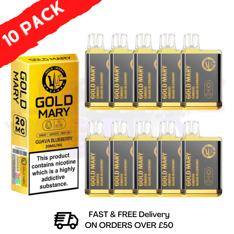 Mango Lychee - Gold Mary 600Puff Box of 10 A tantalizing combination of fresh blueberries and tropical guava for a vibrant flavor! - UK Vape World