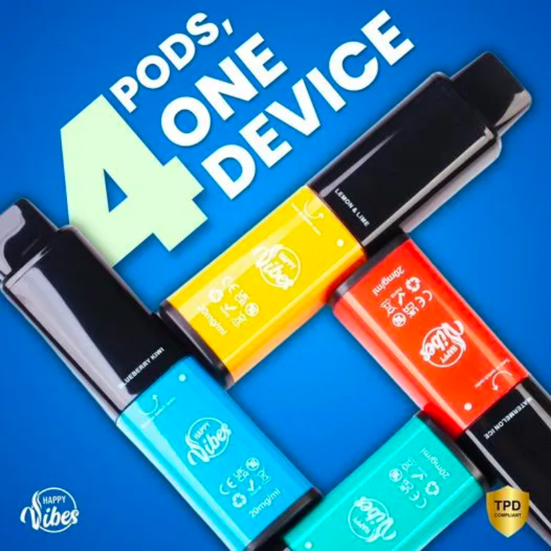 Happy Vibes - Enjoy 4 cartridges of 2ml each with the single disposable, cutting down plastic waste by almost 75%. Empty out one cartridge, then just twist and click to use the next! - UK Vape World