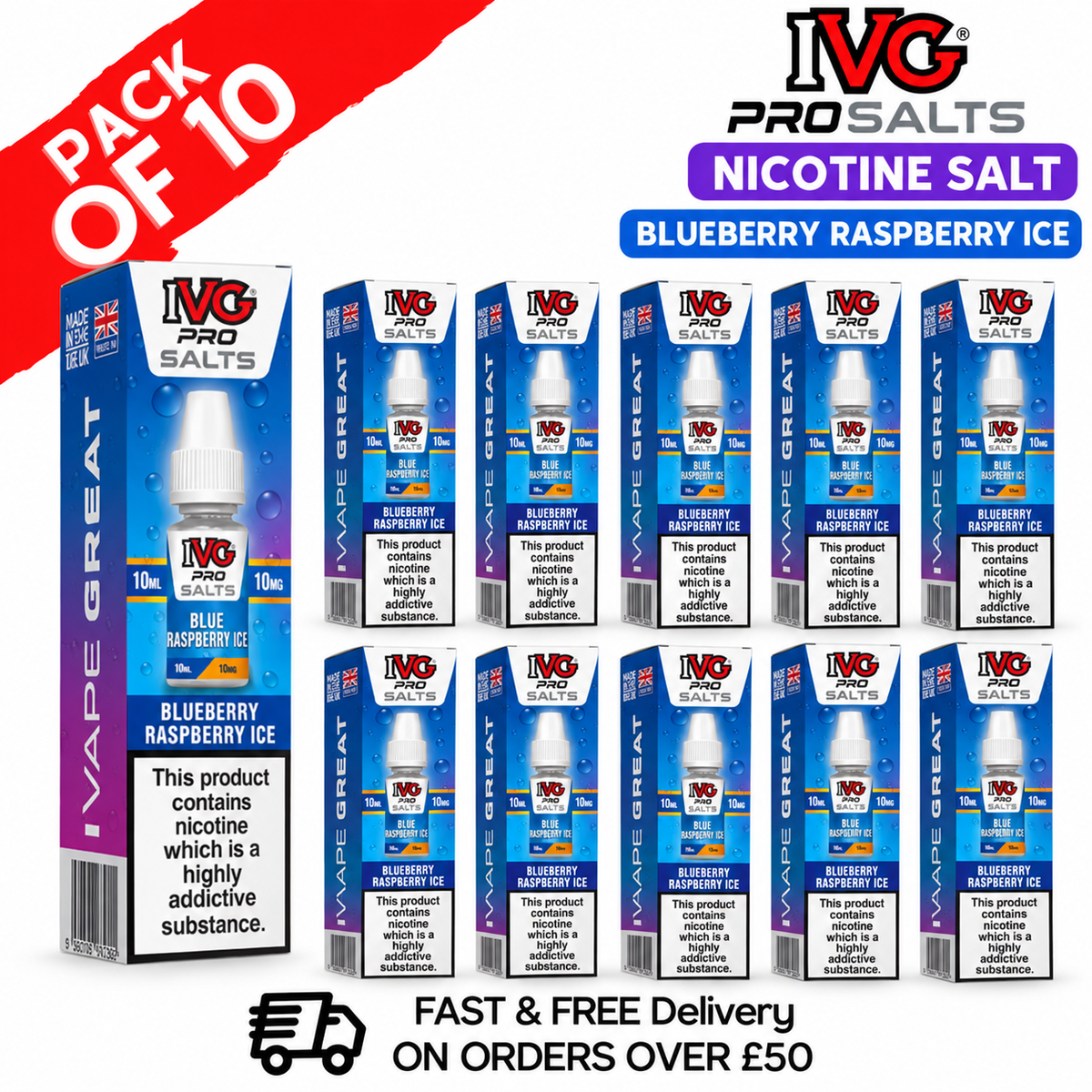 Shop Blue Raspberry ICE IVG Pro Nic Salt Box Of 10 - UK Vape World