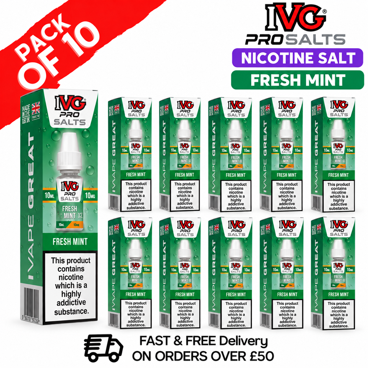Shop Fresh Mint IVG Pro Nic Salt Box Of 10 - UK Vape World