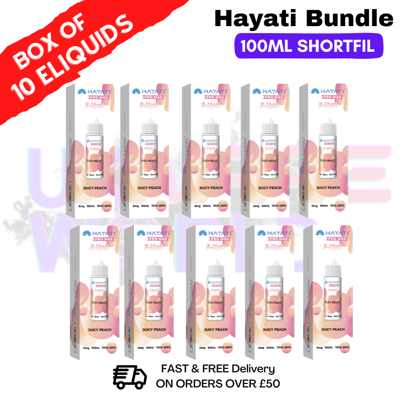 Juicy Peach Hayati 100ML Box Of 10 + Free NicShots