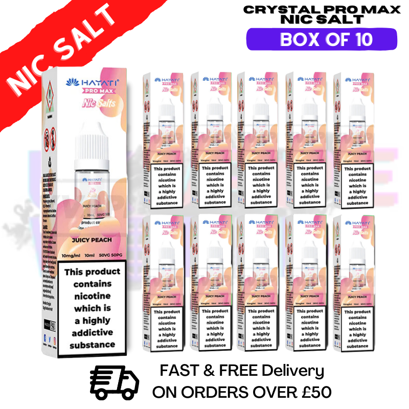 Shop Juicy Peach Hayati Crystal Bar Pro Max Pack Box Of 10 Nic Salts - UK Vape World